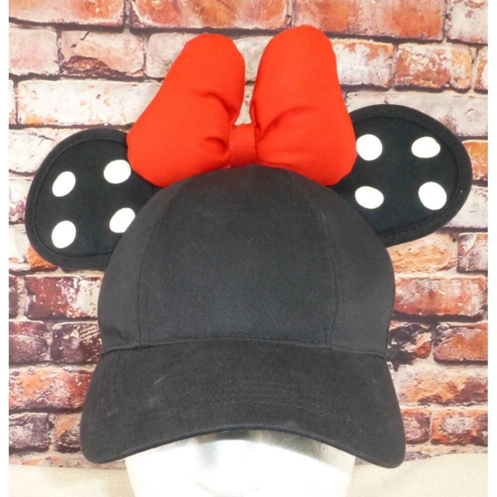 Disney Parks Minnie Mouse Black Hat With Polka Dot Ears & Red Bow - Adult Size 5